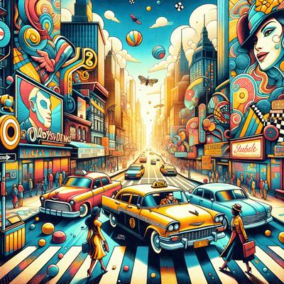 The primary subject of the image is a busy city street filled with cars, people, and various objects. The setting is a bustling urban environment with tall buildings and a mix of vehicles, including taxis and other cars. The visual style is a colorful, digital art illustration that captures the essence of a lively cityscape. The colors and mood of the image are vibrant and energetic, reflecting the dynamic nature of city life.